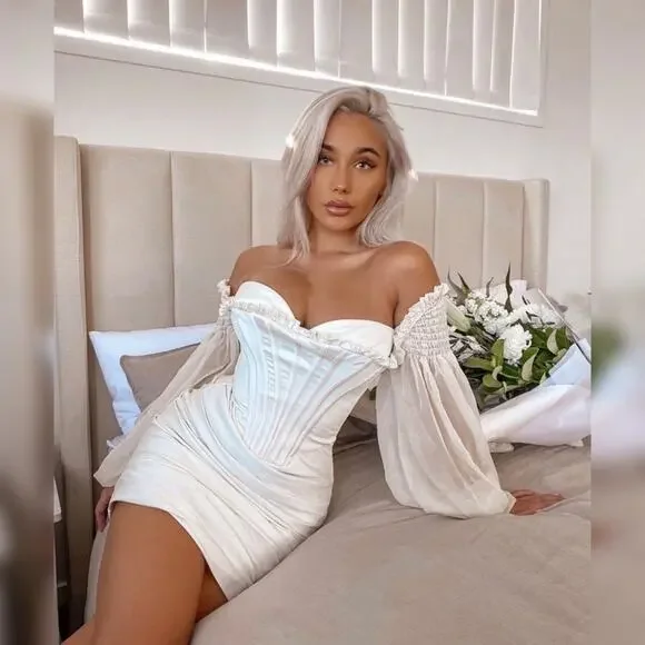 HOUSE OF CB Beau White Ivory Draped Corset Bustier Dreamy Flowy Chiffon Dress - Picture 8 of 16